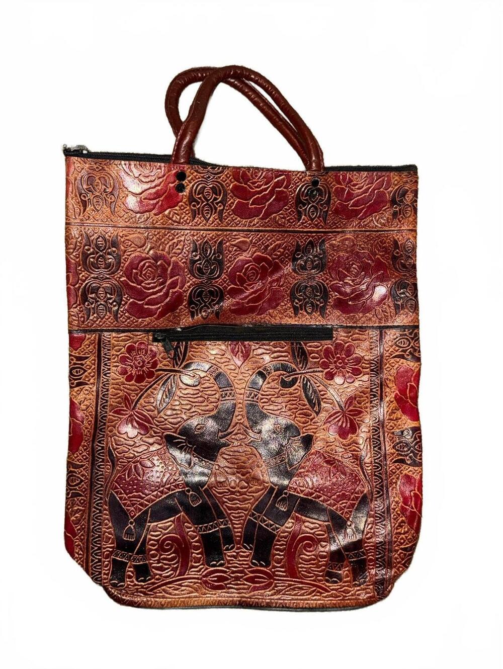 Women's Vintage Faux Leather Elephants and Roses Handbag Purse